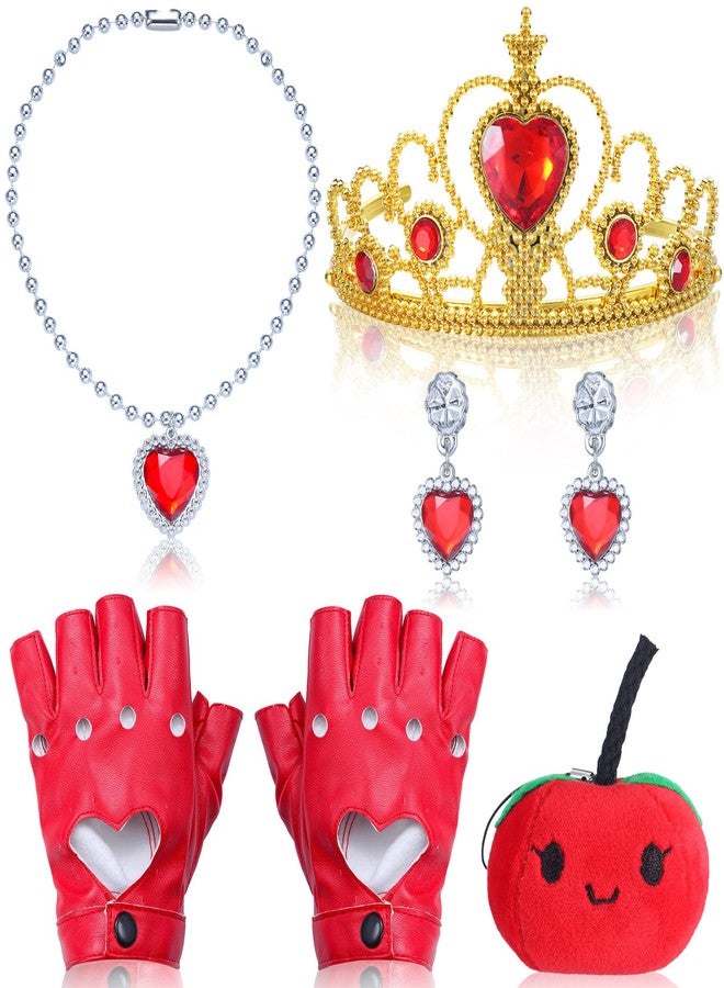 Twistover 5 Pcs Red Heart Crown and Necklace Earrings Jewelry Set Gold Tiaras with Heart Cutout Half Finger PU Leather Performance Gloves Apple Pendent for Women Halloween Costume - Image 1